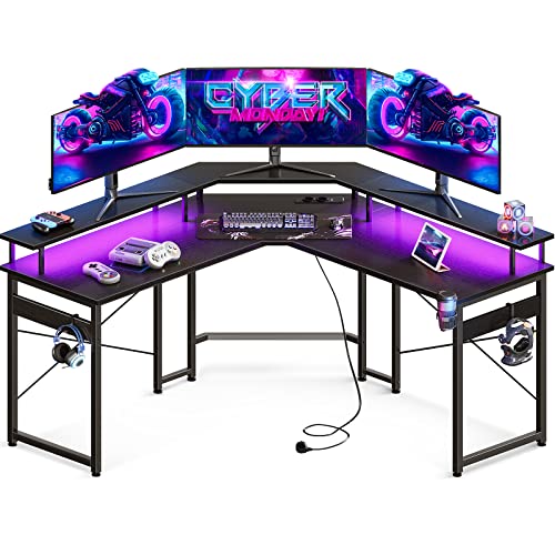 ODK Gaming Schreibtisch mit LED, Gaming Tisch mit 2 Steckdosen und 2 USB Ladeanschluss, Eckschreibtisch mit großzügiger Monitorablage, Schwarz