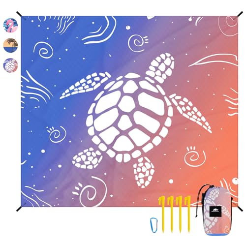Rhino Valley Stranddecke 215x245 cm,Sandfrei Picknickdecke mit Tragetasche&4 Stabil Pfählen, Schnelltrocknend Outdoor Picknickmatte für Sand Reisen Camping Wandern, Schildkröte(7 * 8FT)