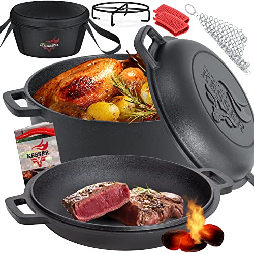 KESSER® Dutch Oven 2in1 Gusseisen Topf 4,8L und Pfanne 1,8L einsatzfertig eingebrannt Inkl. Kochbuch Schmortopf Doppelfunktion Deckel/Bratpfanne für Küche Camping Garten BBQ Backen Gasgrill, Schwarz