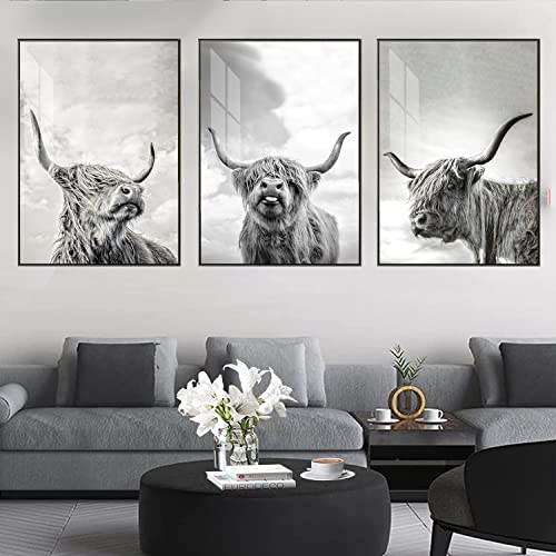 LXTOPN Hochlandrind Leinwand Bilder, highland cow bild, 3er Set Schwarz-Weiß hochland kuh poster für Schlafzimmer Wohnzimmer Modern Deko, Kein Rahme(Schwarz weiß,50x70cm)