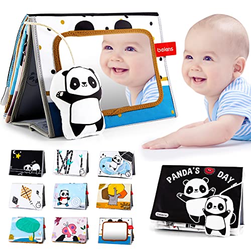 beiens Baby Spiegel Spielzeug mit Knisterbuch, Panda mit schwarz Weiss Spielzeug Baby 0 3 6 Monate, Faltbarer Kontrast Spielzeug Baby für neugeborenen Geschenk