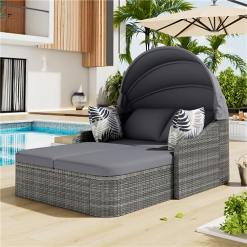 buiesjole Garten-Lounge-Sessel-Set Für Den Außenbereich, Langlebiges Terrassen-Sofa-möbelset Aus Pe-Rattan Mit Markisendach Und Verstellbarer Rückenlehne, Doppel-Lounge-Sofa Für Den Garten-Pool