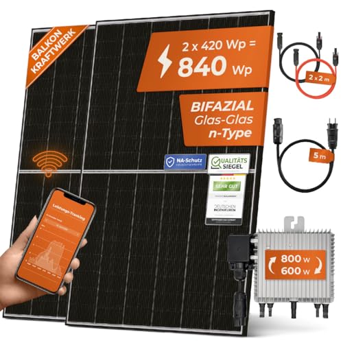 Solarway 840W Balkonkraftwerk 800W Komplett Steckdose - Ausgang einstellbar 600/800W - 2x420W Bifaziale Glas/Glas n-Type JaSolar-Module, Wechselrichter mit APP&WiFi, Plug&Play