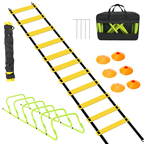 Vigevee Speed & Agility Training Set Koordinationsleiter, Trainingsset Enthält 1 Agility Leiter, 6 verstellbare Hürden, 12 Hütchen, Aufbewahrungstasche, Trainingsgerät für alle Sportarten