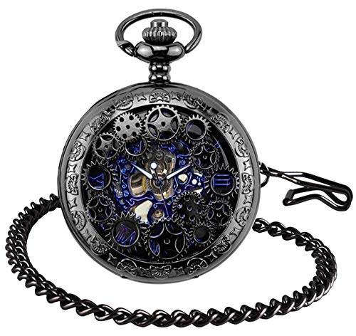 Unendlich U Herren Römische Ziffern Skala Taschenuhr mit Halskette Kette Analog Handaufzug Unisex Retro Steampunk Mechanische Kettenuhr