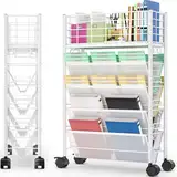 TOOLF Bücherregal mit 5 Etagen, Metall-Bücheraufbewahrung, Organisation mit Rollen, mobiler Rollbuchwagen für Klassenzimmer, Wohnheim, Schule, Zuhause, Rollordner für Büro, Studium, Weiß