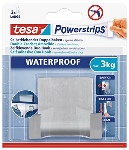 tesa Powerstrips Doppelhaken Waterproof Zoom - selbstklebender Haken für Dusche und Bad, groß - Metall-Badhaken - belastbar bis 3 kg