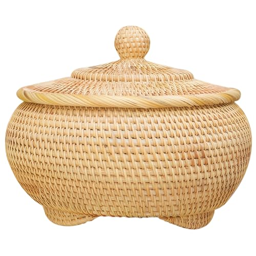 Rattan -Korb rund natürliche gewebte Rattan -Aufbewahrungskorb mit Deckel Pastoral Mehrzweck Rattankörbe für losen Tee -Snacks Gebäck Früchte 9x4inch