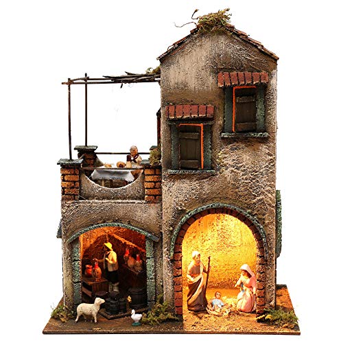 Wohnblock mit Heiligen Familie und Licht 40x35x20cm neapolitanische Krippe