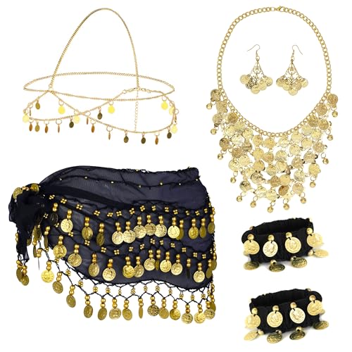 Hpbaggy 7 Sets Bauchtanz Accessoires Damen, Bauchtanz Hüfttuch mit Goldmünzen Ohrringe, Halskette, Armbänder und kopfschmuck, Schmuckset Bauchtanz, Bauchtanz Kostüm für Carnival, Mottoparty