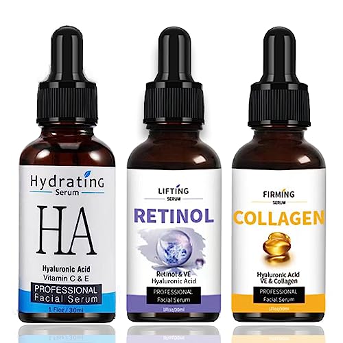 Anti-Falten Serum 3er Pack - Retinol Serum - Collagen Serum Haut mit Feuchtigkeit versorgen - Hyaluronsäure Serum für das Gesicht - Anti Aging Hautpflege für Frauen - Reduziert Feine Linie & beruhigt