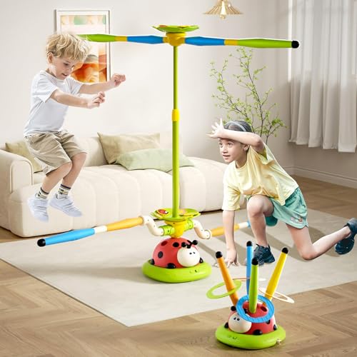 JOY SPOT! 5 in 1 Outdoor Spiele für Kinder, Raketen Spielzeug, Springseil Spiele, Ringwurfspiel für Kinder, Gartenspielzeug mit Musik für Kindergeburtstag Geschenke ab 4 5 6 7 8 9 Jahre
