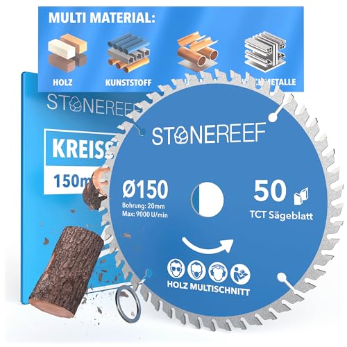 STONE REEF Sägeblatt 150x20 - Kreissägeblatt [inkl. Adapter auf Bohrung 20 &16mm], kompatibel mit Winkelschleifer von Bosch, Makita usw. - Sägeblatt Kreissäge Nagelfest - für Holz, Metall & Alu