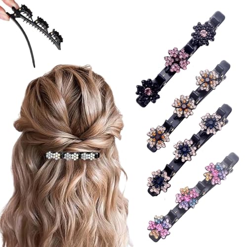 Glitzernde Kristall-Stein Geflochtene Haarspangen, Kolibri Haarspange mit Kristallblume, Geflochtene mit 3 Mini-Haarspangen, Doppelschicht-Mini-Haarspangen für Frauen und Mädchen (4pcs)