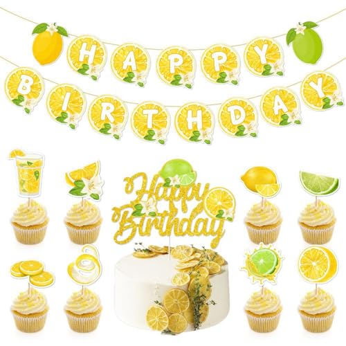 Zitrone, Themen-Geburtstagsparty-Dekor-Set, gelbes "Happy Birthday"-Banner, Kuchen- und Cupcake-Topper, ideal für Sommerobst, Themenpartys & Fotohintergründe