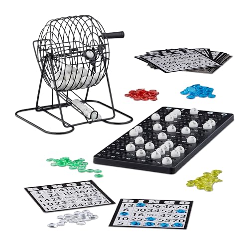 Relaxdays 10021014 Bingo Spiel mit Metalltrommel HxBxT: 20 x 17,5 x 21,5 cm Bingotickets, Loskugeln, Chips, Spielbretter, schwarz