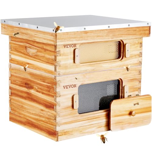 VEVOR Bienenstock, 20 Rahmen, Bienenbeute Zander, mit Bienenwachs beschichtetes Zedernholz, 1 tiefer + 1 mittlerer Bienenkasten, Langstroth-Bienenstock-Set, transparente Acrylfenster mit Fundamenten