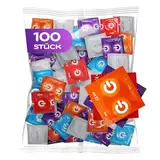 ON) Kondome Mix I 100 Stück Packung I Premium Kondome 7 verschiedene Sorten & Größen mit 54 mm Breite I 20x extra dünn, natur & genoppt I 10x extra stark, mit Erdbeer, Banane, Schoko Duft