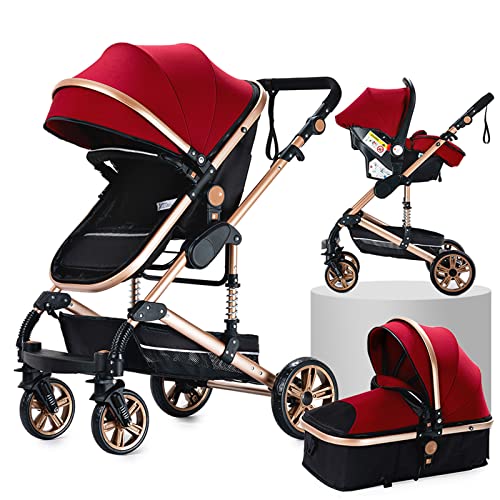 3 in 1 Kombikinderwagen 3 in 1 Reisesysteme Kinderwagen Infant Hochlandschaft Liegender Buggy Kinderwagen Neugeborenen Kinderwagen Faltbarer Standardkinderwagen (739 Red)
