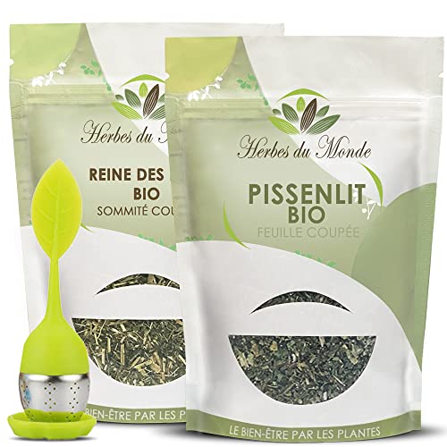 Herbes du Monde – Duo aus entwässernden Bio-Kräutertees – Bio-Aufgüsse – Wohlbefinden und Entgiftung – Set aus 2 Beuteln mit 1 AB-zertifiziertem Teesieb