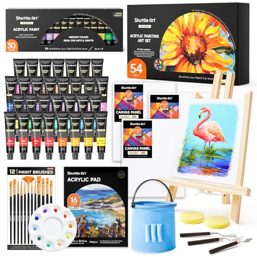 Shuttle Art 54 teiliges Acrylfarben Set, professionelles Malset mit Tischstaffelei, 30 Acrylfarben, Leinwand, Pinsel, Palette, komplettem Zubehör, Malset für Kinder und Erwachsene mit staffelei holz
