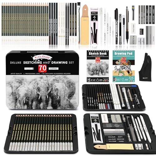 KALOUR 72-teiliges Skizzenzeichnungsstift-Set mit Skizzenbuch und 3-farbigem Zeichenpapier, Blechdose, beinhaltet Graphit, Holzkohle, Zeichenhandschuh und Künstlerwerkzeuge.