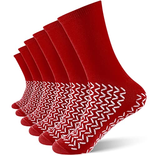 6 Paar doppelseitige Lauffläche rutschfeste Socken Slip Stoppen Sicherheitssocken Sturzprävention Socken für breite bariatrische Socken, Rot/Ausflug, einfarbig (Getaway Solids), Large