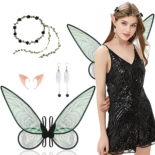 Aomig Feenflügel Erwachsene, Fairy Wings Kranz-Tiara , Feenflügel Damen Elfenohren, Flügel Fee Erwachsene Geeignet Fasching Karneval Geburtstag Cosplay Party Halloween(Schwarz)