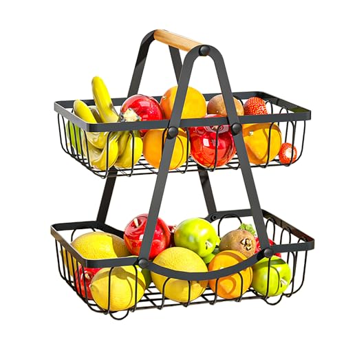 2 Stöckig Obstkorb Etagere, Obstschale Metall Schwarz mit Holzgriff, 2 Etagen Obstschale Moderne für Obst, Gemüse, Snacks, Brot, Küche, Eckregal Stehend Aufbewahrung Küche
