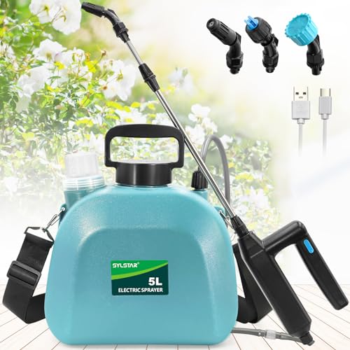 SYLSTAR Drucksprüher 5 Liter, Elektrischer Pflanzensprüher mit 3 Nebeldüsen, USB-aufladbarem Griff und Teleskopstab, Gartenspritze, Unkrautspritze & Wassersprüher mit Verstellbarem Schultergurt (Blau)