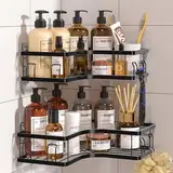 Duschablage Ohne Bohren, Duschablage Ecke 2 Stück mit 8 Haken und 6 Klebstoff Duschregal Ohne Bohren, Edelstahl Duschregal Küche/Badezimmer Organizer, Schwarz
