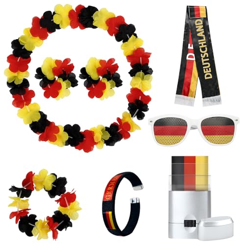 ZOYDP Deutschland Fanartikel, Deutschland Schminkstift, 6-Teilig Fanpaket EM Fußball, Schminkstift Gelb Schwarz Rot, Fanschal, Fanartikel Blumenkette, Brille, Armreif, Fussball Schminke
