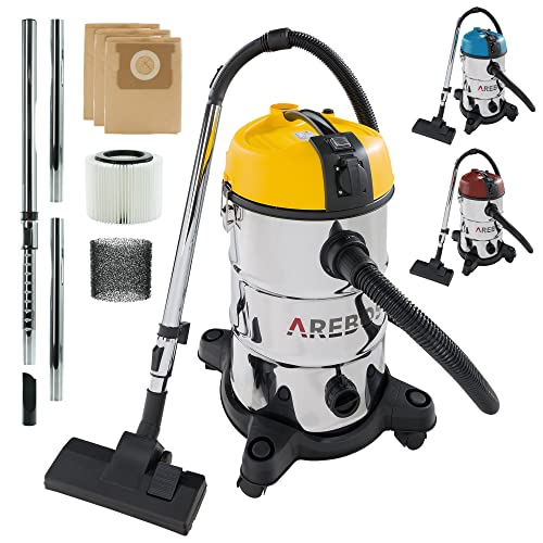 Arebos Industriestaubsauger 1300W | Staubsauger Nass- & Trockensauger | Mehrzwecksauger Wasser-Staubsauger | Werkstattsauger mit Steckdose | 30 L Behälter | Gelb