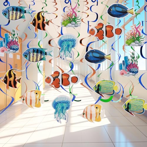 RAFIYU 48 Stück Tropische Fish Hängende Spiralen Girlanden Luftschlangen Party Deko, Meerestiere Hängende Wirbel Decke Deko für Jungen Mädchen Ozean Thema, Unterwasserwelt Kindergeburtstag Babyparty