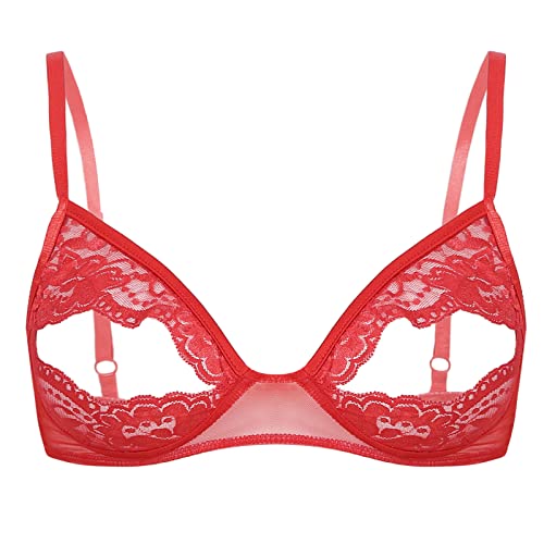 TiaoBug Damen sexy Dessous Erotik BH Bra Frauen Reizvolle Oberteil Reizwäsche Transparente Spitze Unterwäsche Offene Brust Verführerische Lingerie Rot 3XL