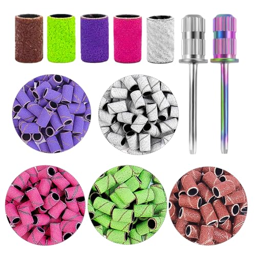 BELICOO Nagelfräser Aufsätze 300 Stück, 80/120/150/180/240 Grit Schleifhülsen Nagelfräser Bits, Professioneller Schleifkappen Nagelfräser mit 2 Stück Nagelbohrer für Nageldesign Maniküre Nagelpflege