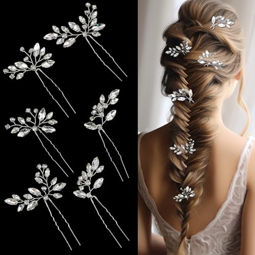 Andibro 6 Stück Blattsilber Strass Haarnadeln,Haarnadeln für Braut Kristall Haarschmuck U-förmig Haarnadel für Hochzeit Party Abschlussball Brautjungfern Blumenmädchen