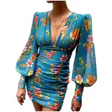 Damen Sexy Tief V Ausschnitt Kleid Sommerkleid Bodycon Wickelkleid Cocktailkleid Schmal Geschnittenes, Blumen, Langearm Minikleid Kleid (L,Blau)