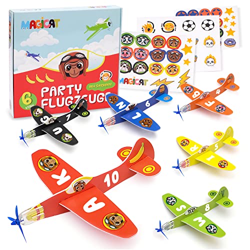 Magicat Spielzeugflugzeuge, Premium Styroporflieger Set I 6 Flugzeuge und Sticker I DIY Gleitflugzeuge Kinder I Kindergeburtstag Mitgebsel I für Jungen und Mädchen I Party Styropor Flieger Werfen