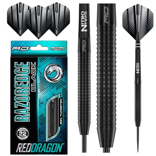 RED DRAGON Razor Edge Black Dartpfeile Tungsten Profi Steel Darts mit Flights und Schäfte (22, Gramm)