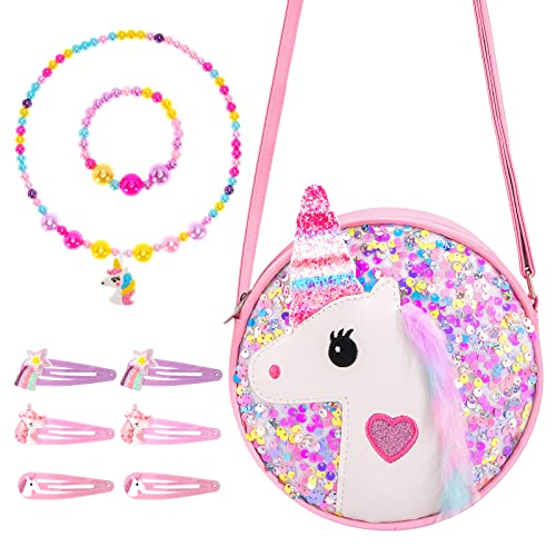 Hifot Pailletten Einhorn Handtaschen Unicorn Halskette Armband Haarspange Schmuckset für Mädchen, Prinzessin Tasche Party Dress Up Ankleiden Geburtstag Geschenk