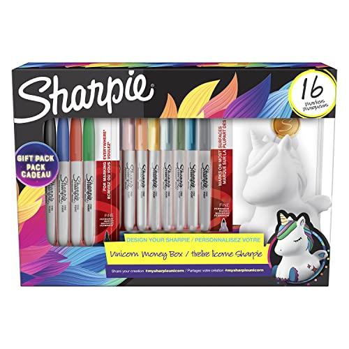 Sharpie Permanentmarker Geschenkset | Einhornspardose & Marker | feine Spitze | gemischte mystische Edelsteinfarben | 16 Stück | Einhorngeschenk für Mädchen & Jungen