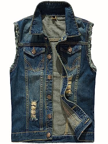 Herren Denim Westen Zerrissen Casual Ärmellos Biker Fashion Jeansweste