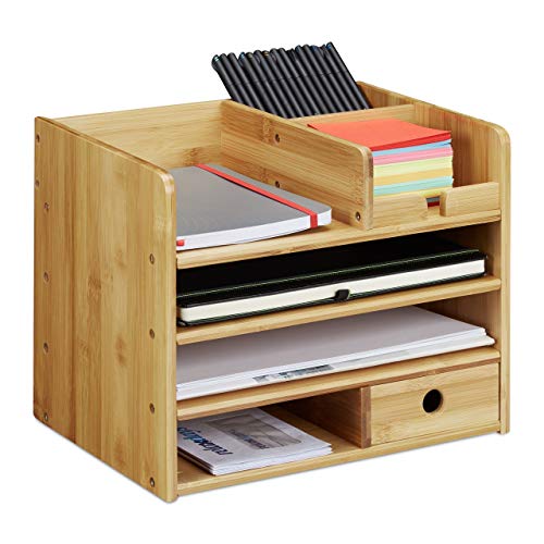 Relaxdays Schreibtisch Organizer, Briefablage A4, Notizzettel und Stifte ordnen, Schublade, Ordnungssystem Büro, Bambus, H x B x T: ca. 26 x 33 x 24 cm, Natur