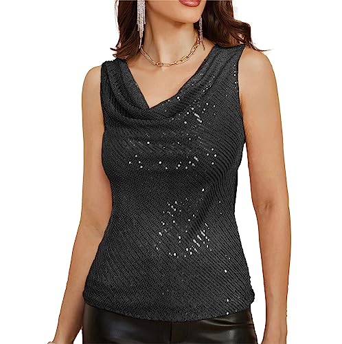 Mädchen Cocktail Weihnachten Solide Farbe Pailletten Bluse Ärmelloser Neckholder Vintage Tank Top Schwarz S