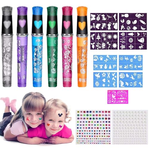 6 Tattoo Stifte Kinder,Glitzer Tattoo Stifte für die Haut,Glitzer Tattoo Set Kinder,mit 2 Diamantaufkleber und 9 Schablone,Tattoo Gelstifte Set für Jungen Mädchen Halloween Party