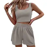 Damen Zweiteiler Sommer Hosenanzug Elegant Outfits Kleidung 2 Teiler Set Crop Tank Top + Shorts Y2k Aesthetic Clothes Workout Sportanzug Kurze Lounge Sets Freizeitanzug Loungewear für Strand Urlaub