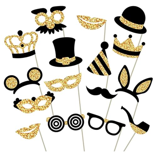 DazzJoy 16 Stück Schwarzes Gold Fotobox Accessoires Hochzeit,Glitzer Fotobox Requisiten Fotoautomat,Party Foto Requisiten Hochzeit Party Deko