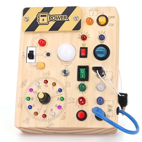 Busy Board Montessori Spielzeug Activity Board Sensorik Spielzeug Mit 10 Schaltern und 23 LED Lichtern Holzspielzeug Motorikspielzeug für Babys und Kinder ab 1 2 3 4 Jahre Jungen und Mädchen