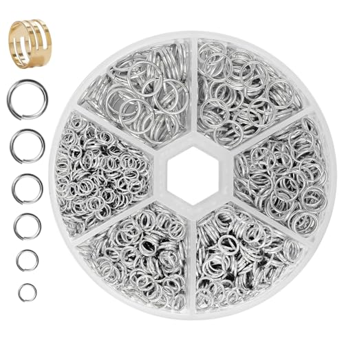 QMLING 1780 Stück Biegeringe Silber, Metall Spaltringe, 4 mm bis 10 mm Kettenringe, Offene Jump Rings, Schmuck Zubehör für DIY Armbänder Halsketten Schmuckherstellung
